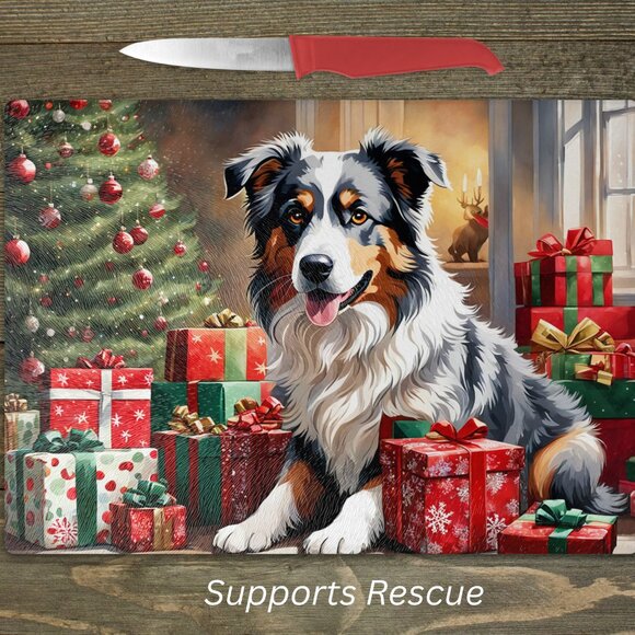 Christmas Australian Shepherd Kitchen Tempered Glass Cutting Board or Trivet - Picture 1 of 1